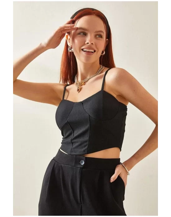 Kadın Siyah Ip Askılı Büstiyer Crop