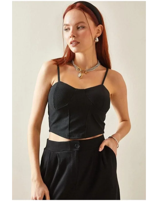 Kadın Siyah Ip Askılı Büstiyer Crop