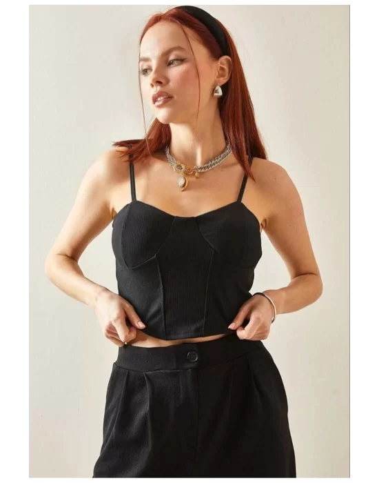 Kadın Siyah Ip Askılı Büstiyer Crop