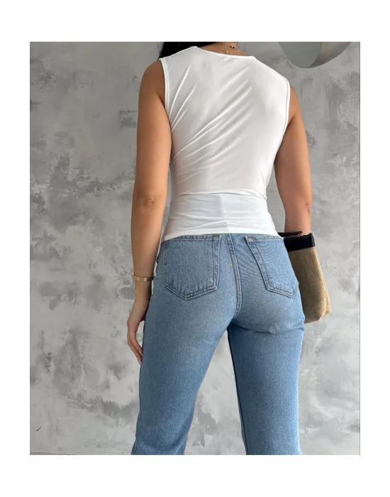 Kadın Beyaz Drapeli Kolsuz Bluz