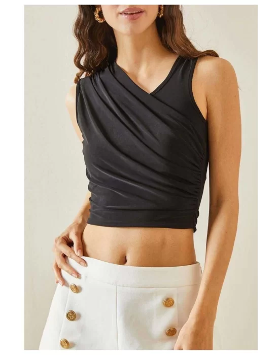 Kadın Siyah Drape Yakalı Crop Bluz
