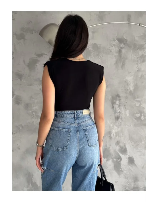 Kadın Siyah Vatkalı Çıtçıtlı Bodysuit