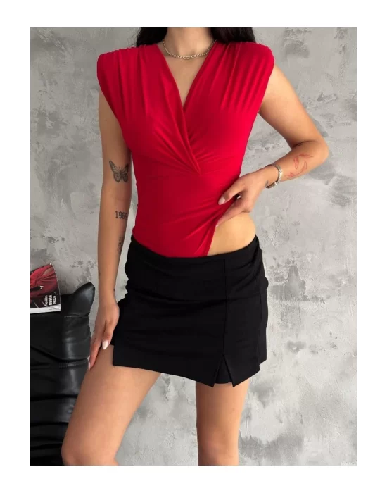 Kadın Kırmızı Vatkalı Çıtçıtlı Bodysuit
