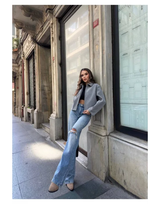 Kadın Gri Oversize Kısa Kalın Gömlek Yaka Fermuarlı Kaşe Kaban