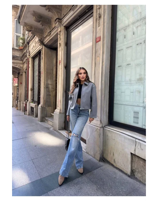 Kadın Gri Oversize Kısa Kalın Gömlek Yaka Fermuarlı Kaşe Kaban