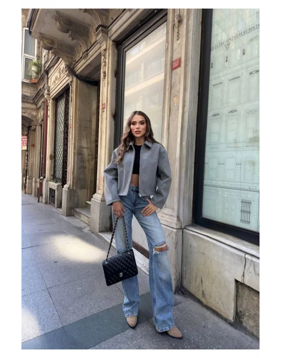 Kadın Gri Oversize Kısa Kalın Gömlek Yaka Fermuarlı Kaşe Kaban