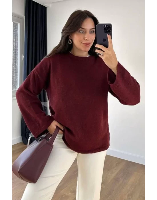 Kadın Bordo Bisiklet Yaka Düz Renk Yumuşak Doku Oversize Triko Uzun Kollu Kazak