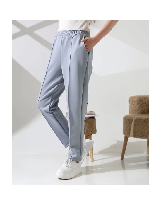 Kadın Yüksek Bel Lastikli Düz Renk Cepli Çizgili Bilek Boy Scuba Kumaş Jogger Pantolon