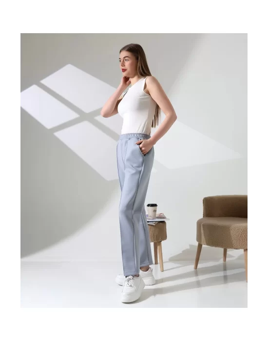 Kadın Yüksek Bel Lastikli Düz Renk Cepli Çizgili Bilek Boy Scuba Kumaş Jogger Pantolon