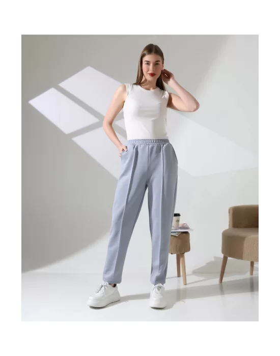 Kadın Yüksek Bel Lastikli Düz Renk Cepli Çizgili Bilek Boy Scuba Kumaş Jogger Pantolon