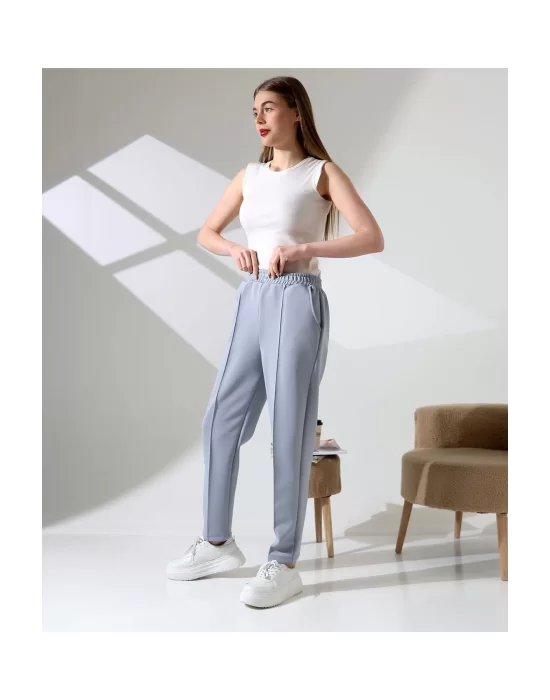 Kadın Yüksek Bel Lastikli Düz Renk Cepli Çizgili Bilek Boy Scuba Kumaş Jogger Pantolon