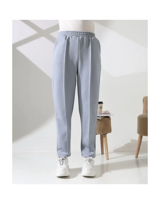 Kadın Yüksek Bel Lastikli Düz Renk Cepli Çizgili Bilek Boy Scuba Kumaş Jogger Pantolon