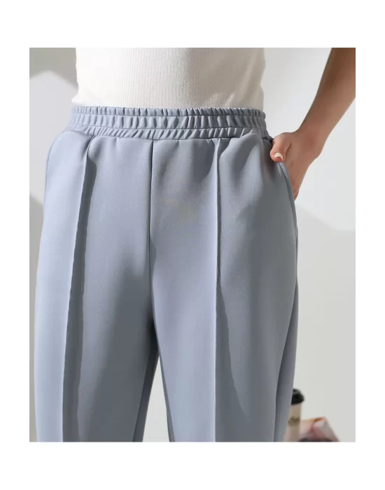 Kadın Yüksek Bel Lastikli Düz Renk Cepli Çizgili Bilek Boy Scuba Kumaş Jogger Pantolon