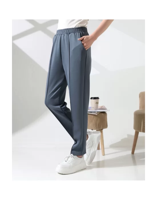 Kadın Yüksek Bel Lastikli Düz Renk Cepli Çizgili Bilek Boy Scuba Kumaş Jogger Pantolon