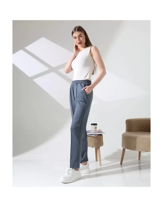 Kadın Yüksek Bel Lastikli Düz Renk Cepli Çizgili Bilek Boy Scuba Kumaş Jogger Pantolon