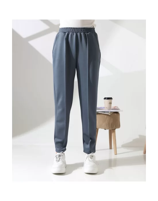 Kadın Yüksek Bel Lastikli Düz Renk Cepli Çizgili Bilek Boy Scuba Kumaş Jogger Pantolon