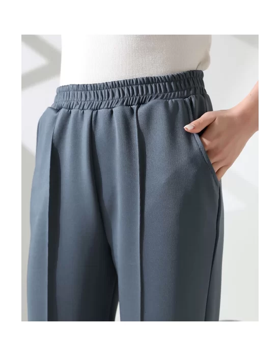 Kadın Yüksek Bel Lastikli Düz Renk Cepli Çizgili Bilek Boy Scuba Kumaş Jogger Pantolon