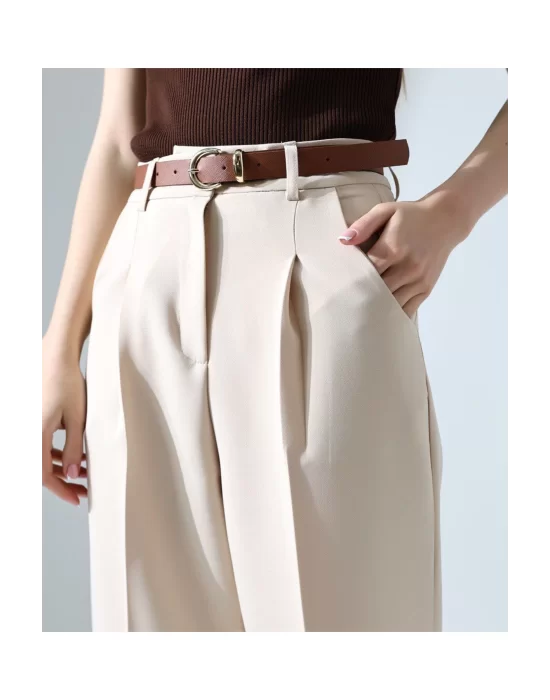 Kadın Yüksek Bel Straight Havuç Kesim Pileli Kemerli Kumaş Pantolon, Şıklığın Yeni Adı