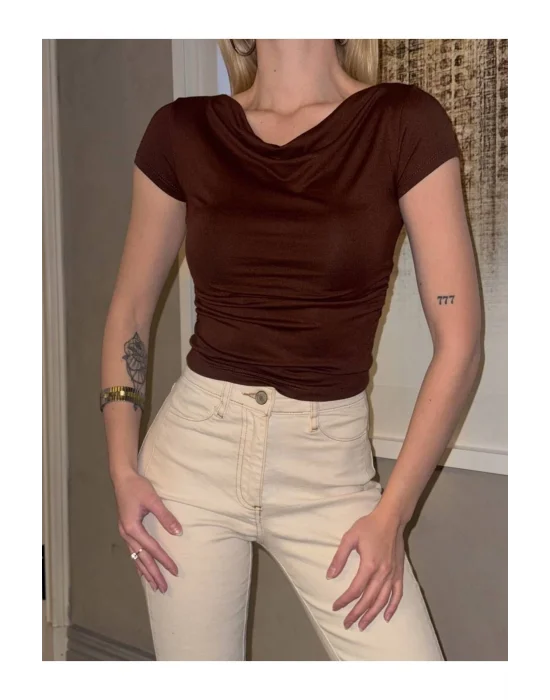 Sandy Kumaş Crop Bluz Kısa Kollu
