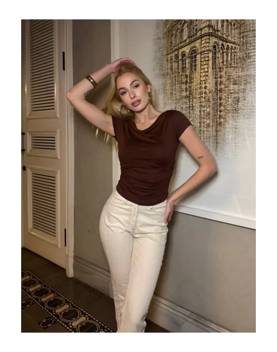 Sandy Kumaş Crop Bluz Kısa Kollu