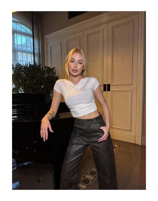 Sandy Kumaş Crop Bluz Kısa Kollu