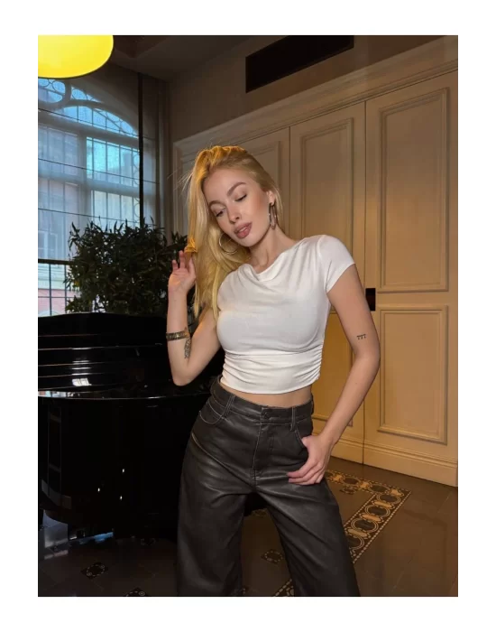 Sandy Kumaş Crop Bluz Kısa Kollu