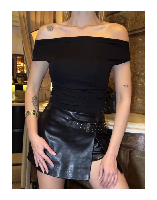 Sandy Kumaş Crop Bluz Kısa Kollu