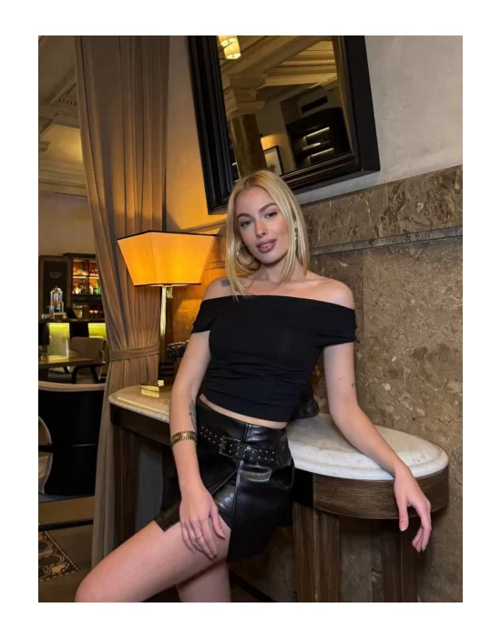 Sandy Kumaş Crop Bluz Kısa Kollu