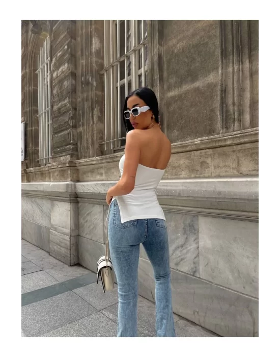 Yanı Büzgüllü Çift Yırtmaçlı Straplez Bluz