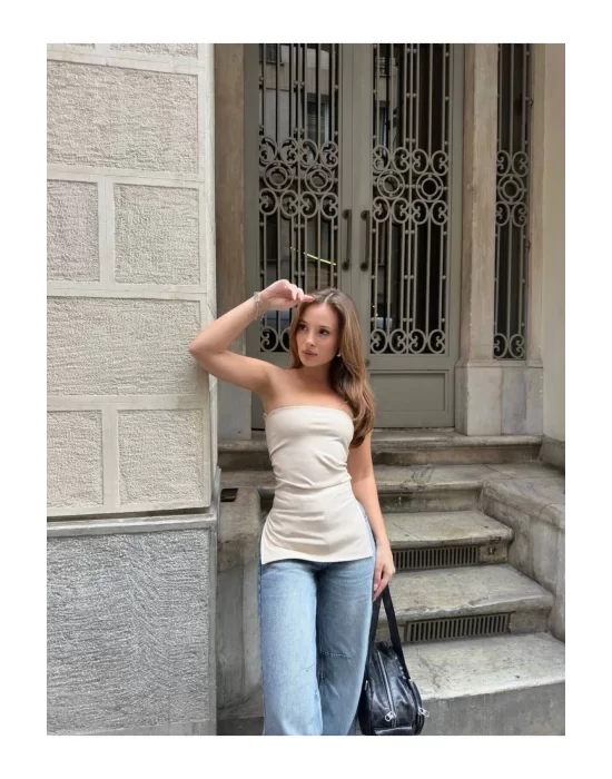 Yanı Büzgülü Çift Yırtmaçlı Straplez Crop