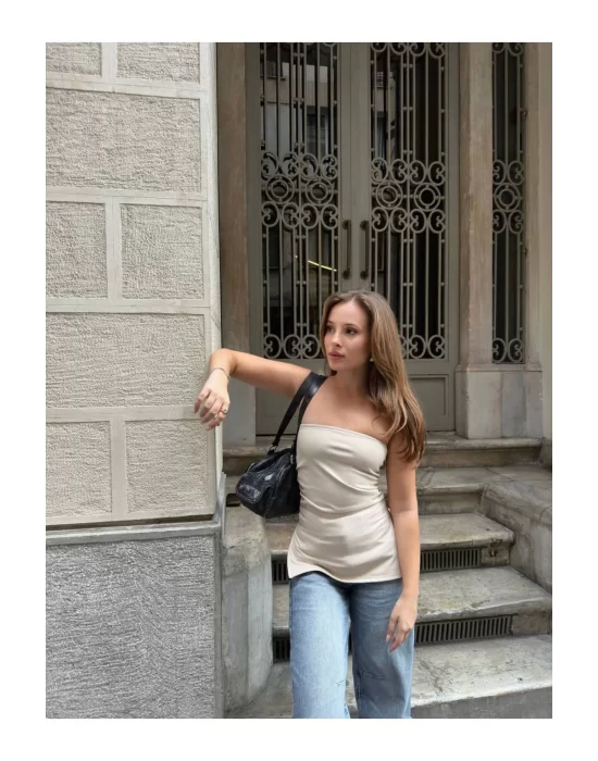 Yanı Büzgülü Çift Yırtmaçlı Straplez Crop