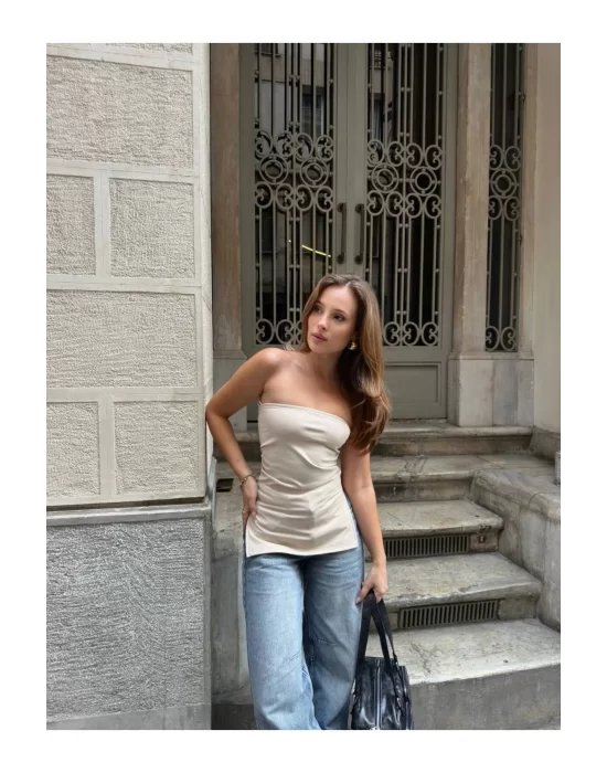 Yanı Büzgülü Çift Yırtmaçlı Straplez Crop