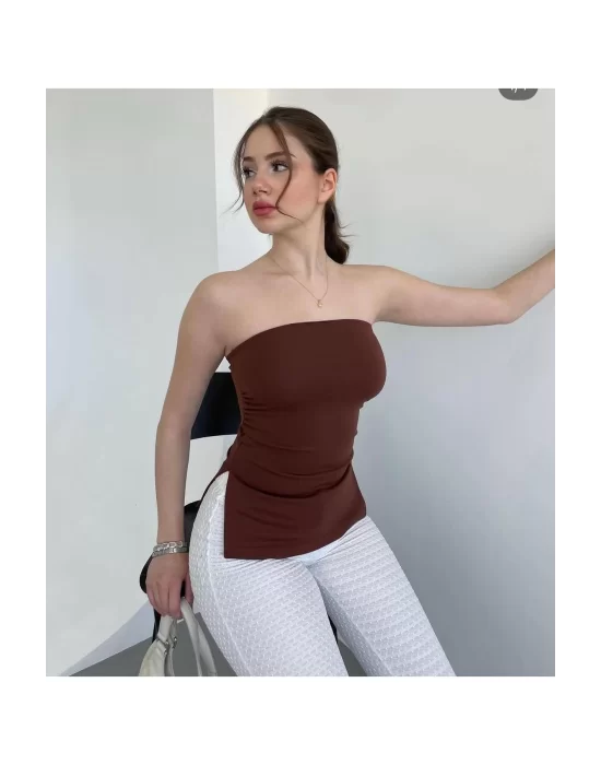 Yanı Büzgülü Çift Yırtmaçlı Straplez Crop