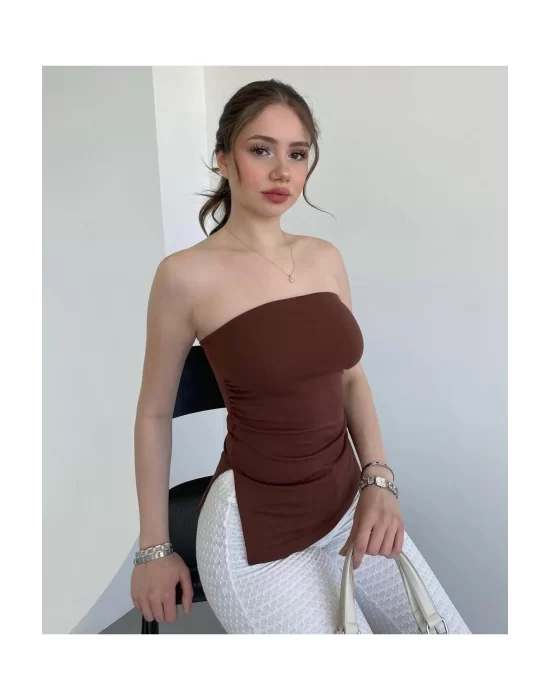 Yanı Büzgülü Çift Yırtmaçlı Straplez Crop