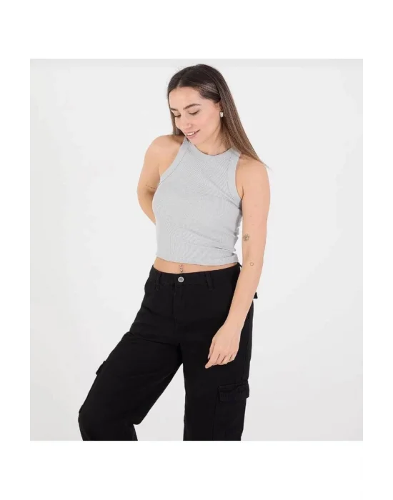 Kadın Fitted Halter Yaka Fitilli Kaşkorse Basic Düz Atlet Crop