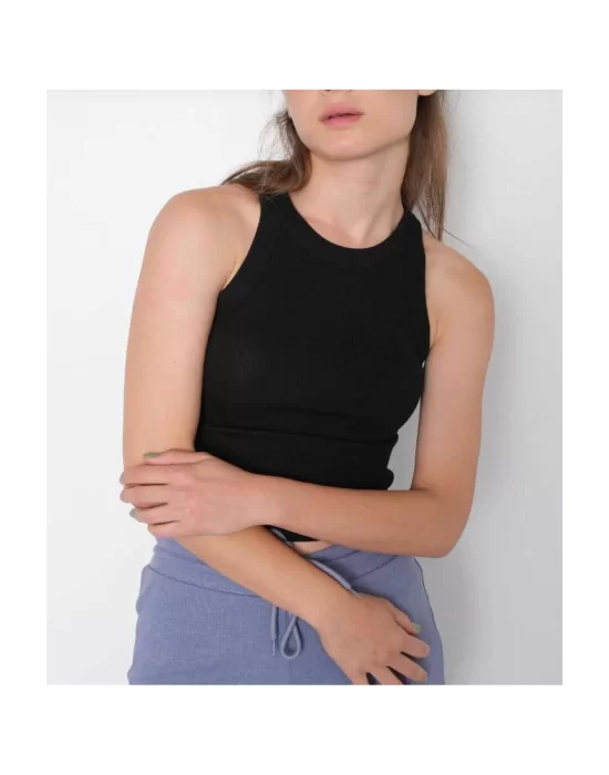 Kadın Fitted Halter Yaka Fitilli Kaşkorse Basic Düz Atlet Crop