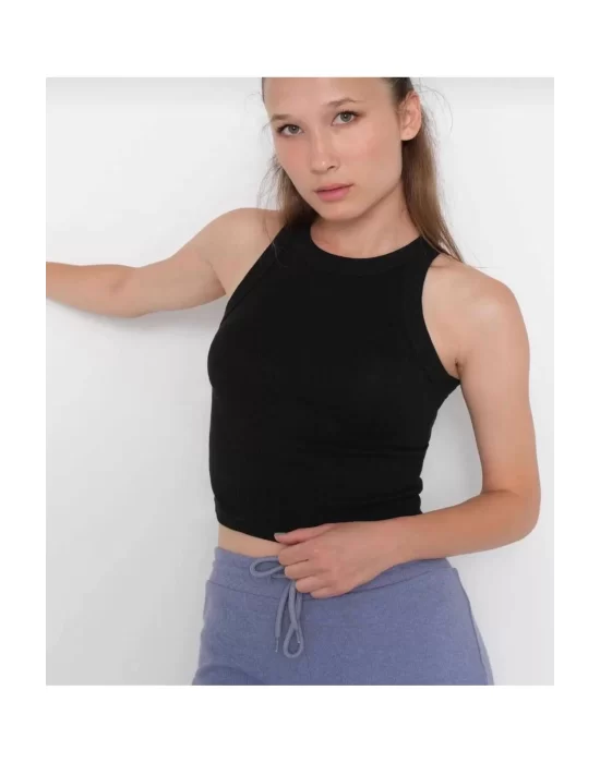 Kadın Fitted Halter Yaka Fitilli Kaşkorse Basic Düz Atlet Crop