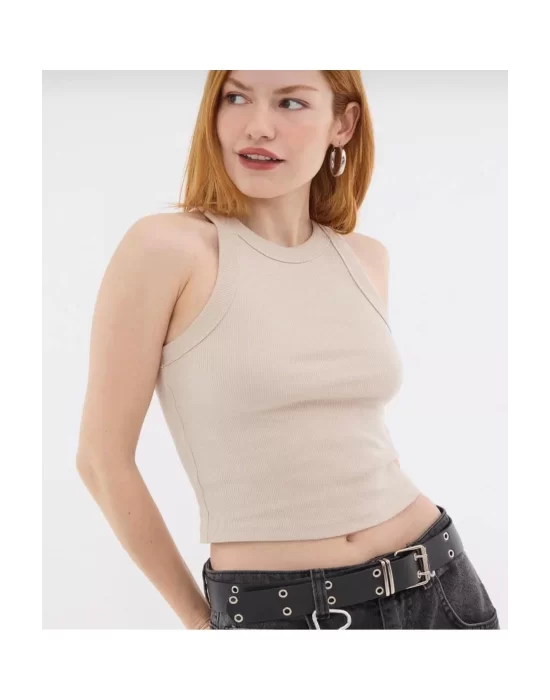 Kadın Fitted Halter Yaka Fitilli Kaşkorse Basic Düz Atlet Crop