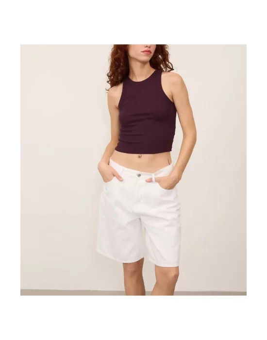 Kadın Fitted Halter Yaka Fitilli Kaşkorse Basic Düz Atlet Crop