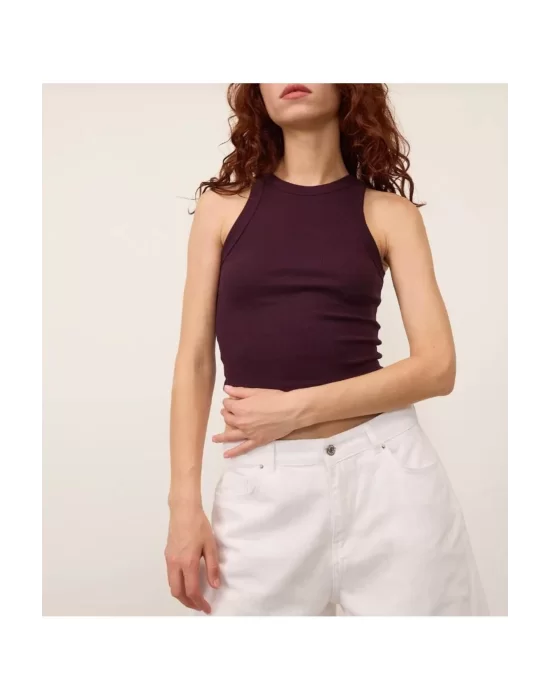 Kadın Fitted Halter Yaka Fitilli Kaşkorse Basic Düz Atlet Crop