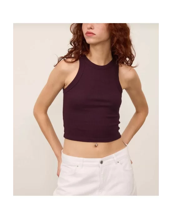 Kadın Fitted Halter Yaka Fitilli Kaşkorse Basic Düz Atlet Crop