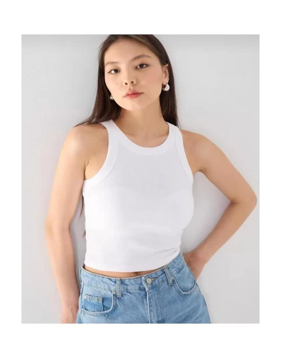 Kadın Fitted Halter Yaka Fitilli Kaşkorse Basic Düz Atlet Crop