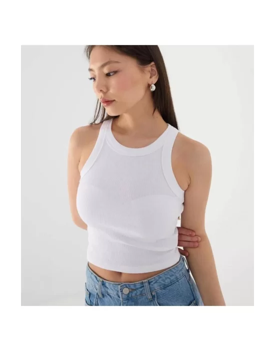 Kadın Fitted Halter Yaka Fitilli Kaşkorse Basic Düz Atlet Crop