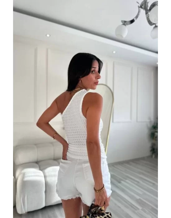Tek Omuz Gofre Crop Esnek, Modern Ve Şık