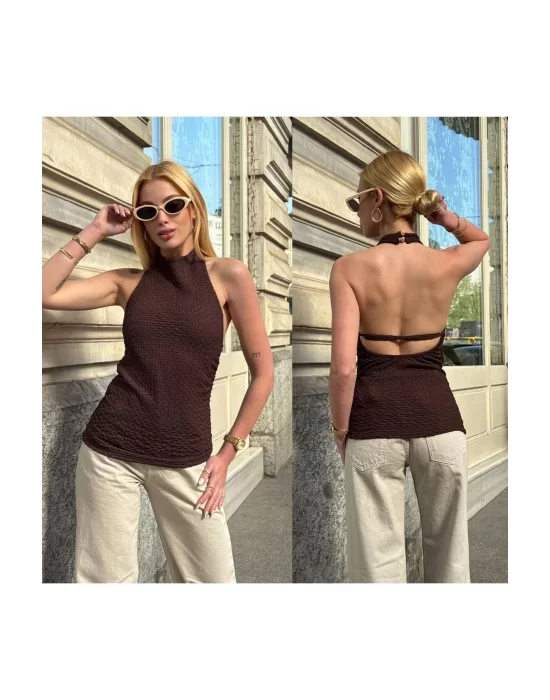Halter Yaka Sırt Dekolteli Crop Bluz