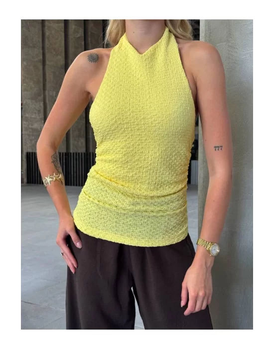 Halter Yaka Sırt Dekolteli Crop Bluz Sarı