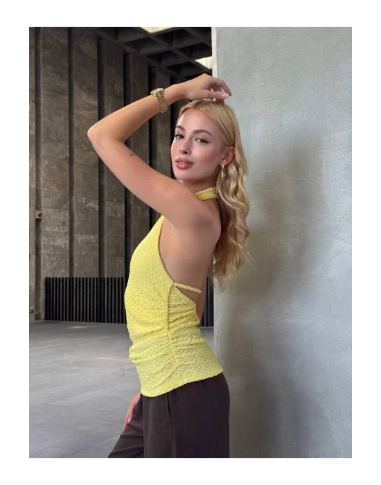 Halter Yaka Sırt Dekolteli Crop Bluz Sarı