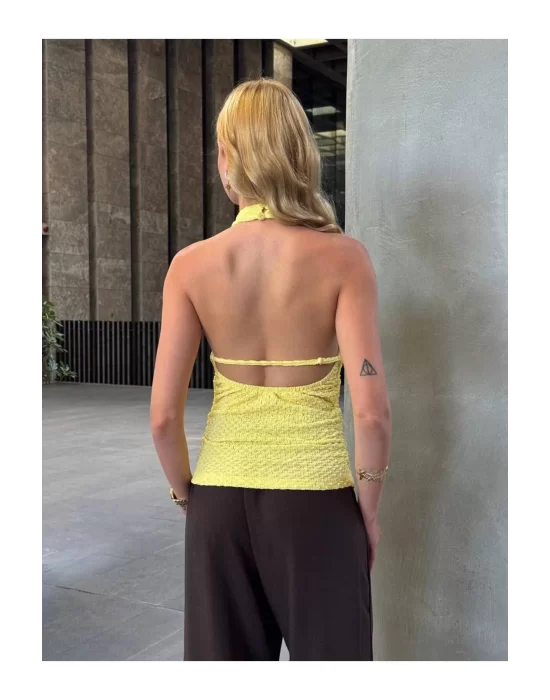 Halter Yaka Sırt Dekolteli Crop Bluz Sarı