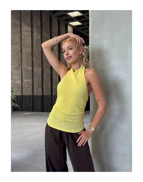 Halter Yaka Sırt Dekolteli Crop Bluz Sarı