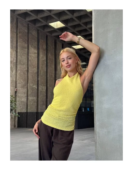 Halter Yaka Sırt Dekolteli Crop Bluz Sarı